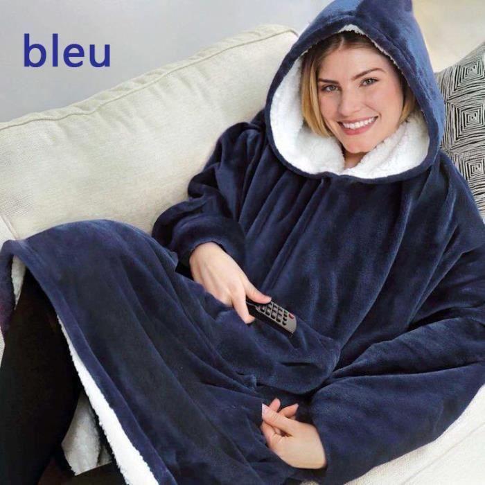 Femmes Hommes Huggle Hoodie Couverture 120 cm Manches Longues En Peluche Lazy TV Pull En Plein Air Robe Chaude Bleu