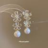 Silver Needle Zircon Flower Pearl Fringed Earrings Fashionable Versatile Stud Earrings Light Luxury High-end Earrings Design Sense Niche