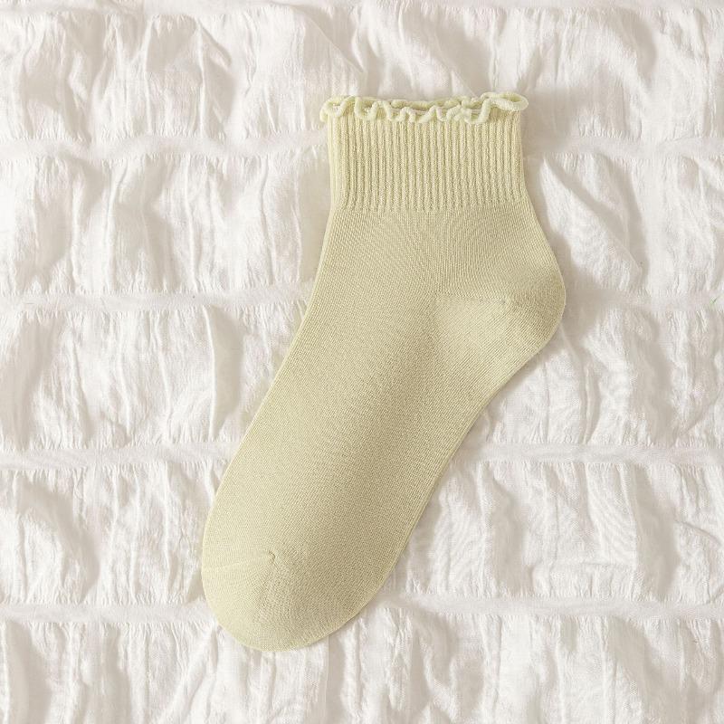 Women's Cotton Boneless Spring and Autumn Socks with Black Fungus Edges, Sweat-absorbing Lace Mid-calf Socks, Solid Color Socks