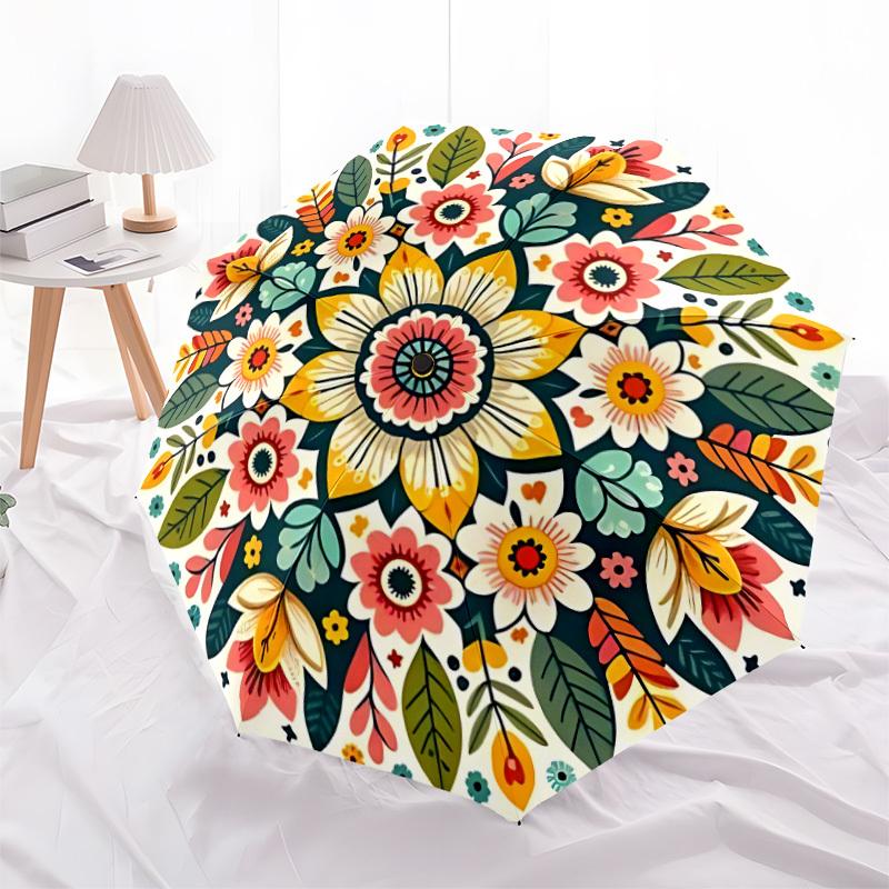 1pc Floral Mandala Automatic Folding Umbrella, 8-Rib Sturdy Canopy, Portable Travel Umbrella for Outdoor Use