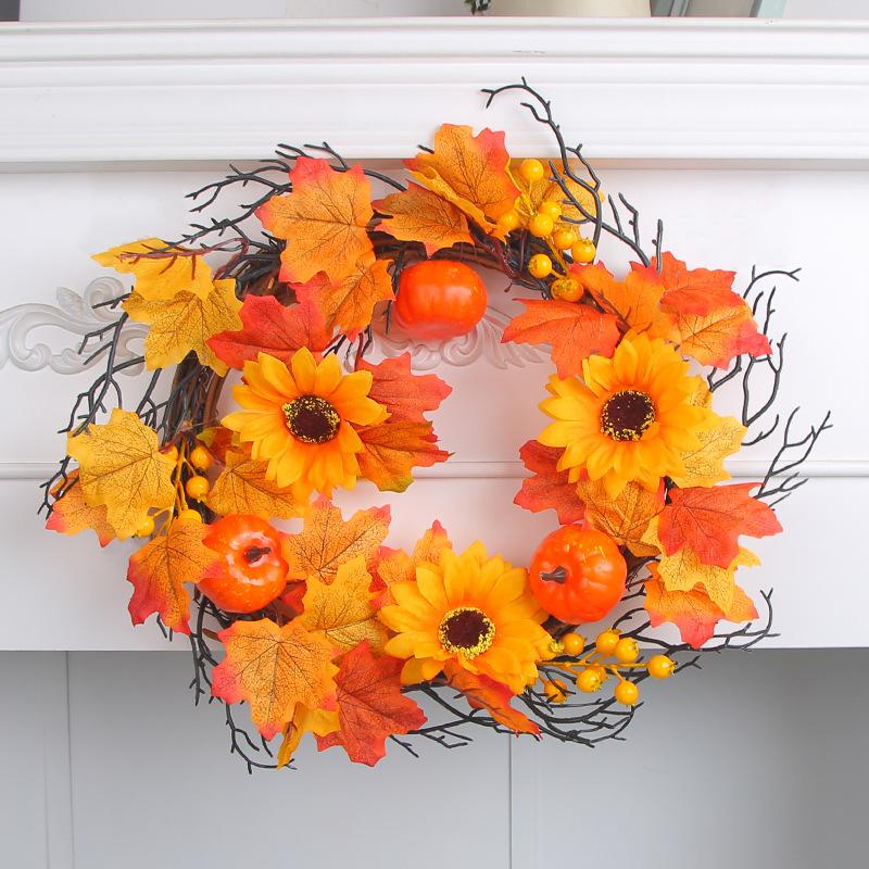Halloween Harvest Festival Home Decoration Pumpkin Berry Door Hanging Vine Ring Thanksgiving Maple Leaf Wreath Decoration