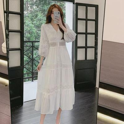 2024 Chic White French Puff Sleeve Knee-Length Beach & Travel Dress for Spring & Summer