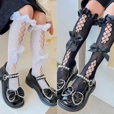 Children's Road Lolita Calf Socks Girl Baby Cute Bow Fishing Net Hollowed Out Stockings Japanese JK Sweet Lace Ear Edge Hosiery