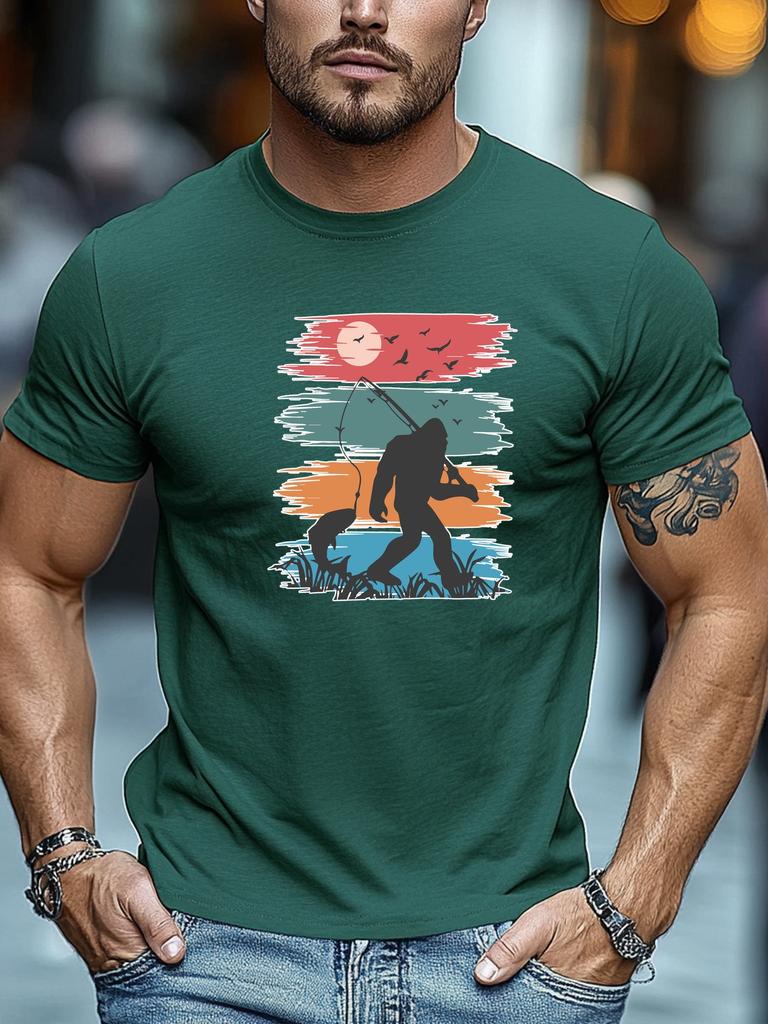 Mens Summer Fishing TShirt Bigfoot Catch Fish Print Short Sleeve Round Neck Breathable Soft Outdoor Daily Wear