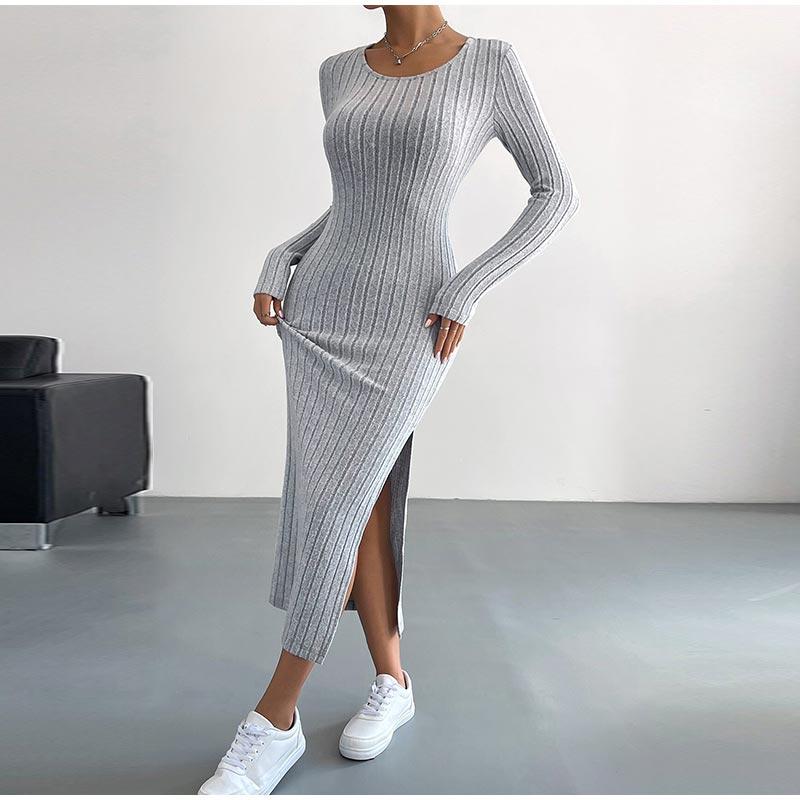 New Women Spring Autumn Casual Dress Solid Color Knitted Dress Sexy Slim Elegant Retro Dresses Long Sleeve Round Neck Side Slit Dress