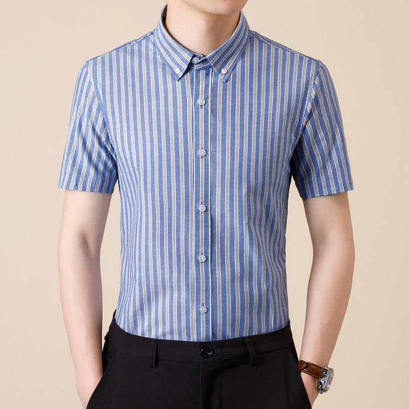 Summer Men s Short Sleeve Lapel Collar Shirt Wrinkle-Resistant Business Striped S