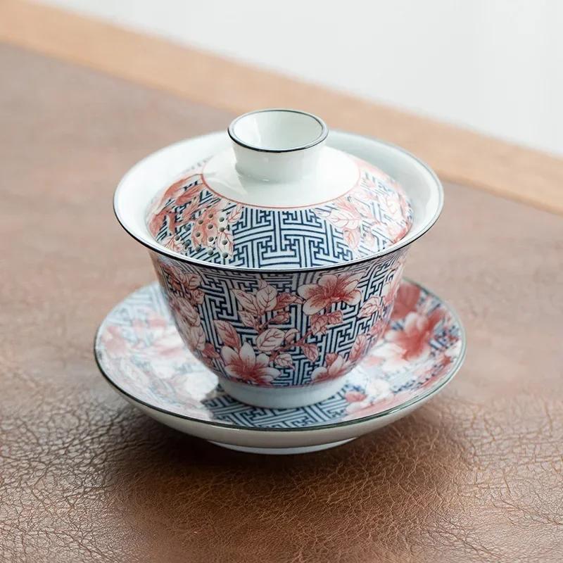 Retro Blue and White Porcelain in Glaze Decoration, High Temperature Fired Ceramic Gaiwan, Kung Fu Tea Set, Brewing Household