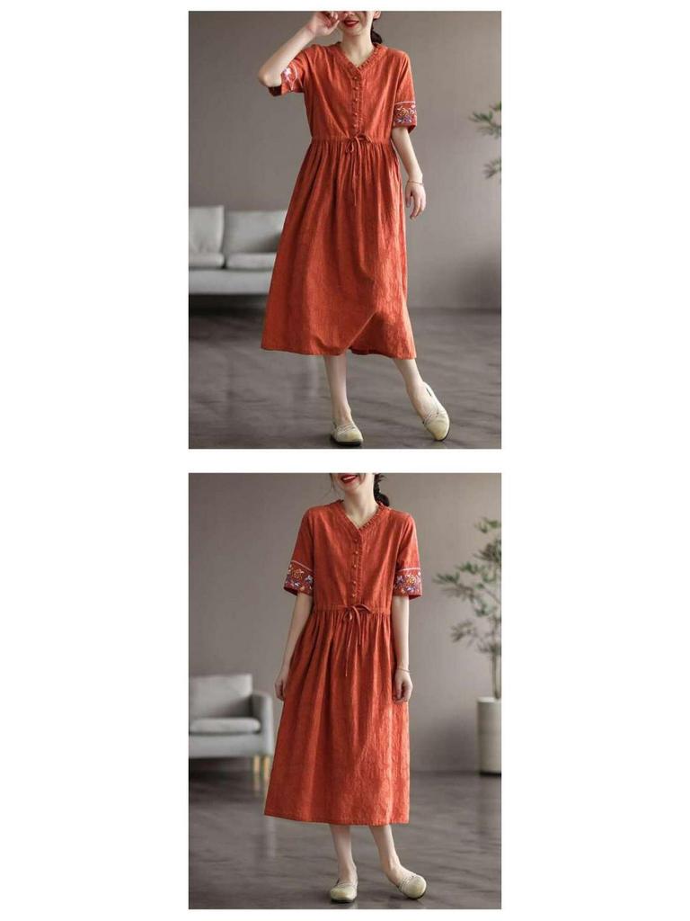 Damska Artystyczna Retro Sukienka z Krótkim Rękawem, Średniej Długości, z Haftowanego Bawełnianego i Lnianego Żakardu, ze Sznurkiem w Talii