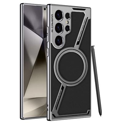 For Samsung Galaxy S24 Ultra Leather Plating Case Z-shaped Magnetic Wireless Charging Anti Drop Cases Drop Protection Co
