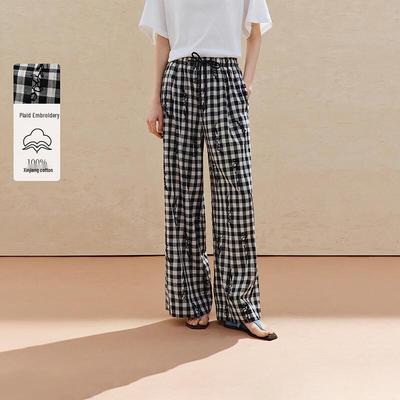 INMAN Women's Retro Plaid Embroidered Wide-Leg Pants