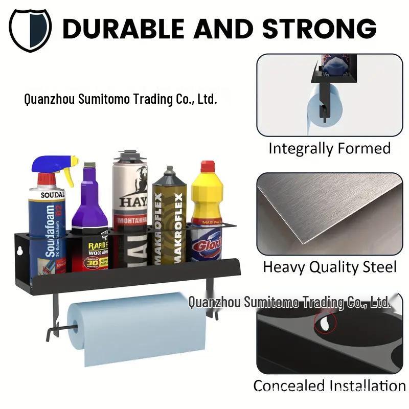 Wall-Mounted Black Metal Storage Shelf for Bottles, Jars, and Paper Rolls