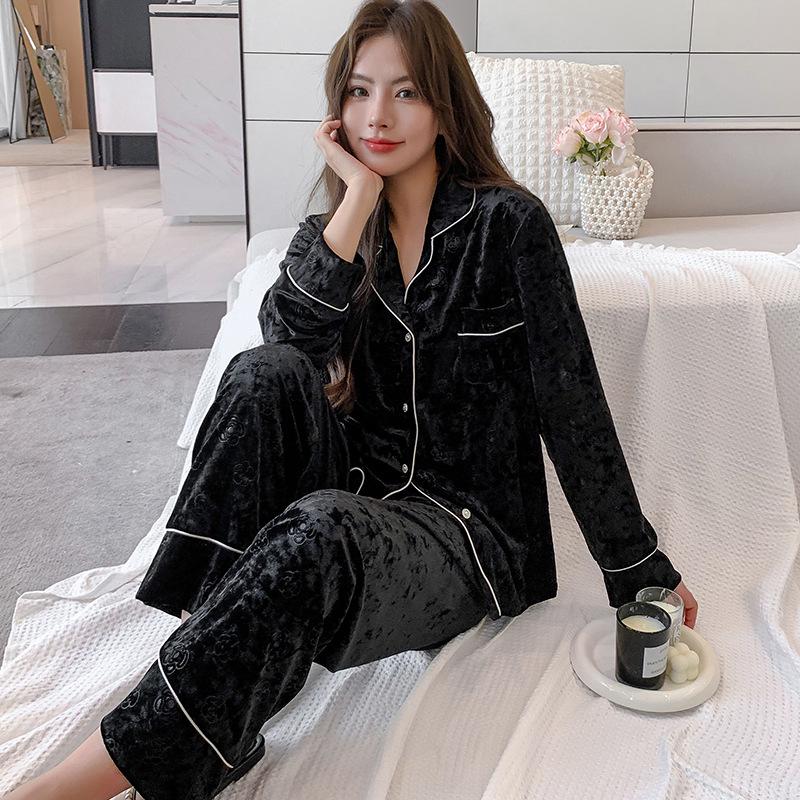 

Женская пижама из золотого бархата больших размеров 2024 - Свободная, однотонная, модная домашняя одежда для осени/зимы XL