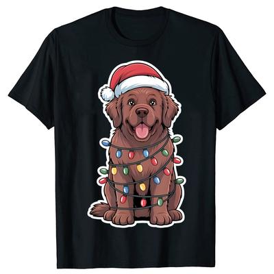 Newfoundland Dog Christmas Lights T Shirts Unisex Cotton Humor Streetwear Tee Shirt Short Sleeve Unisex Loose Crewneck Clothing