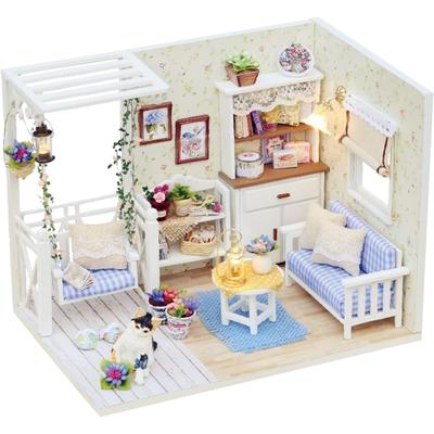Casa delle Bambole in Legno Fai da Te Kit Miniatura Fatto a Mano, Modello Soggiorno con LED e Tutti i Mobili