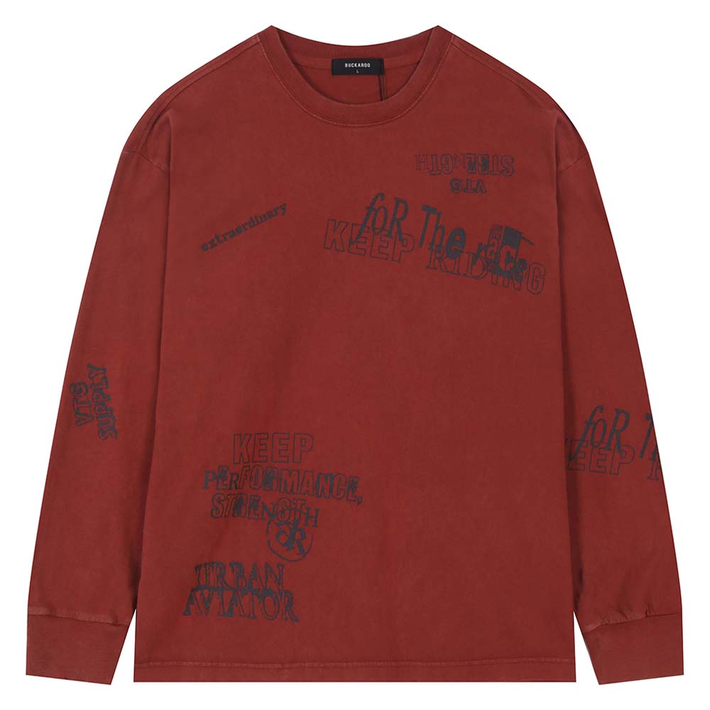 Burkeru 16-Count Single Vintage Lettering Long Sleeve T-Shirt Red Red_M