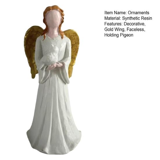 yangyizhi Angel Figurine, Resin Gold Wing Statue, White Skirt Faceless Holding Pigeon, Hand-Painted Home Decor