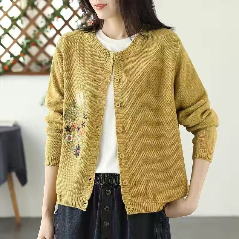 Sweater Knit Cardigan Women Loose Versatile Embroidery Round Neck Single-breasted Long-sleeved Sweater Coat