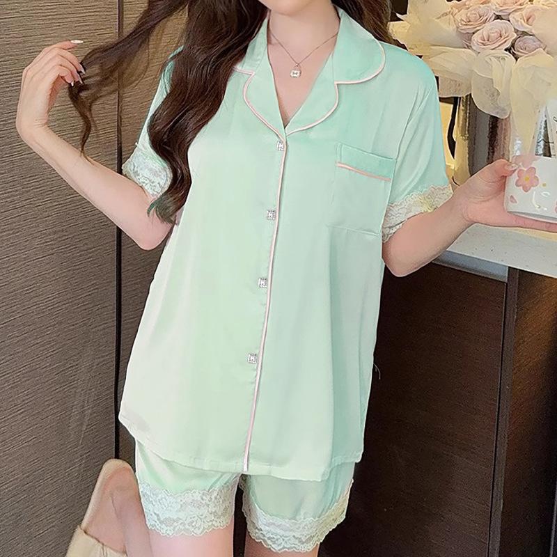 Lace Lace Solid Color Pajamas Women'S Summer Ice Silk Light And Thin Short-Sleeved Shorts Niche Cardigan Loungewear Set