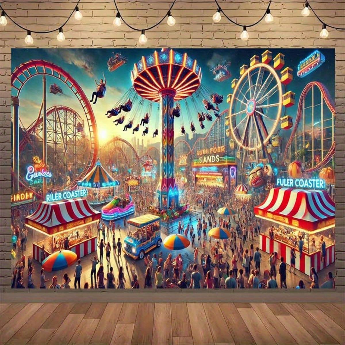 A vibrant background decoration for an amusement park, presented with a cheerful gathering theme, made of polyester fiber. 100x150cm