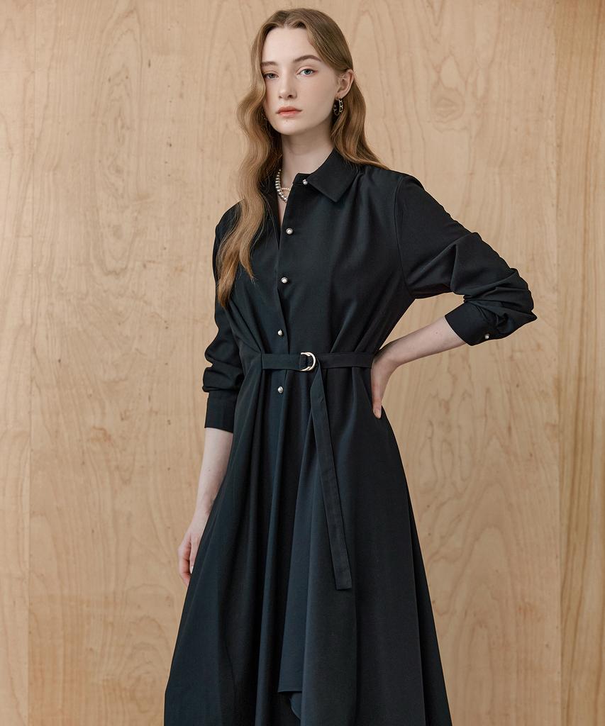 MAXZA Asymmetrical Drape Belted Shirt Dress