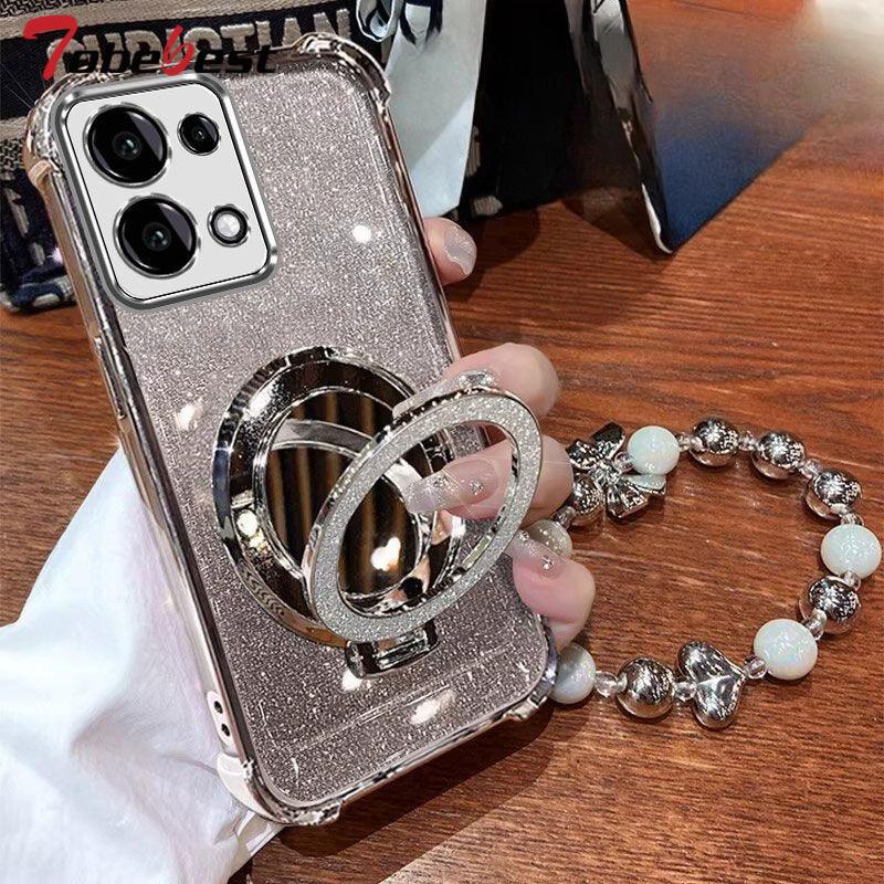 Shockproof Glitter Plating Case for Xiaomi Redmi 15C 15 4G 5G Mirror Magnetic Holder Beaded Bracelet Cover