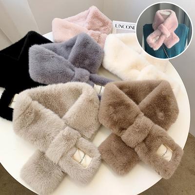 Women Scarf Fake Rabbit Fur Collar Scarf Cute Neck Warmer Soild Color Furry Scarves Windproof Cross Scarf Collar Autumn Winter