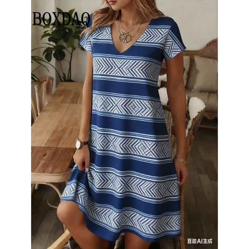 

Fashion Plus Size Print Pullover Dress For Women Striped V-Neck Short Sleeve Casual Loose Dress Ladies Vestidos L