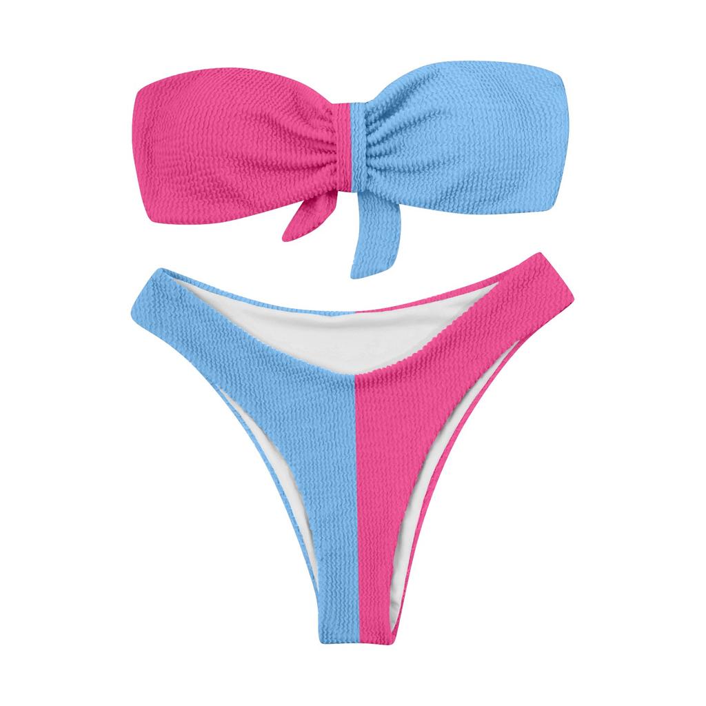 Women's High Waist Plus Size Swimsuit Bikini Color Splicing Pleated Split Two Piece Swimsuit
