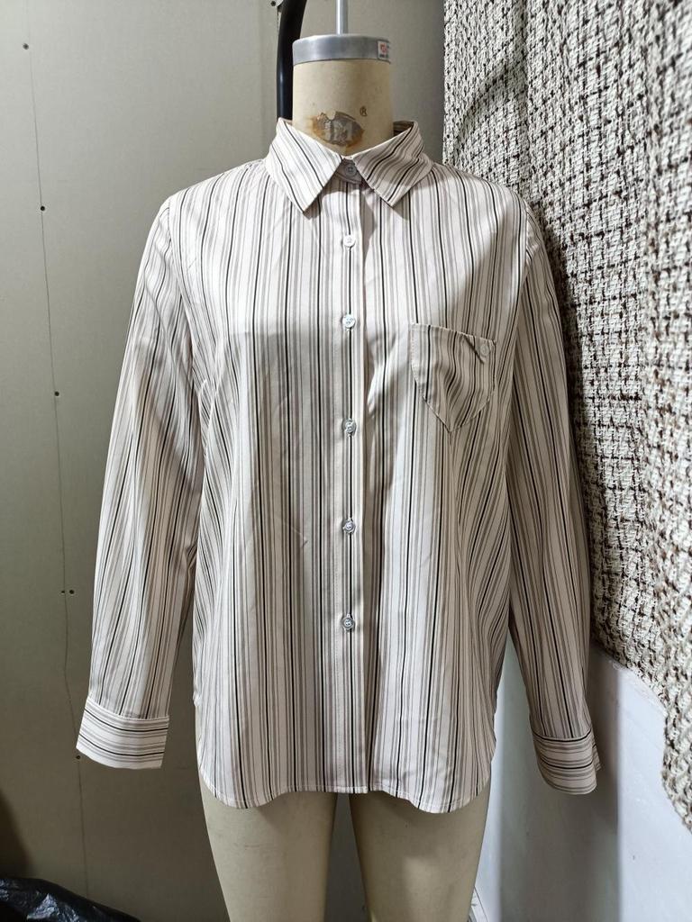 Retro Striped Long Sleeve Shirt with Fold Collar and Pocket - Korean Casual Spring/Summer Style