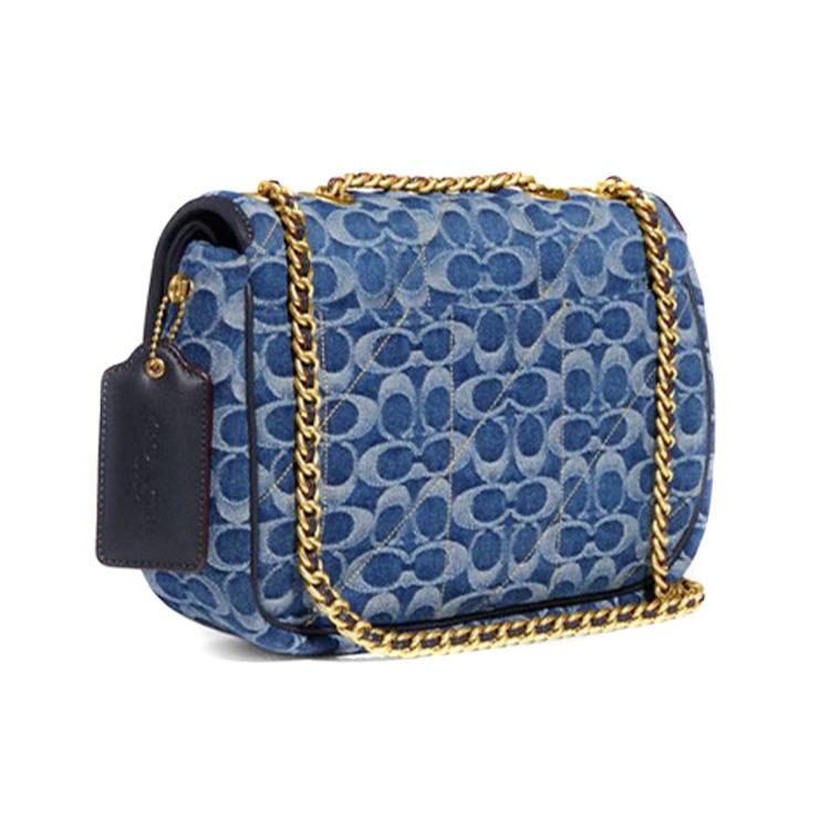 New COACH Pillow Denim With Leather Chain Bag, Crossbody Bag, Shoulder Bag Women's Marine Blue CA104-B4UDF