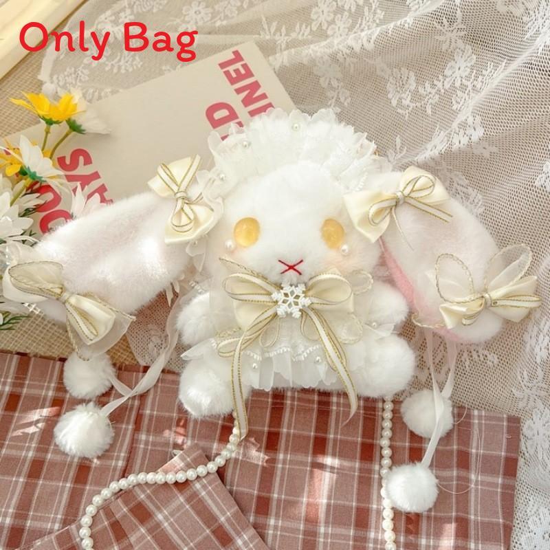Japanese Lolita Bunny Plush Bag With Pearl Chain For Daily Fashion And Cute Storage