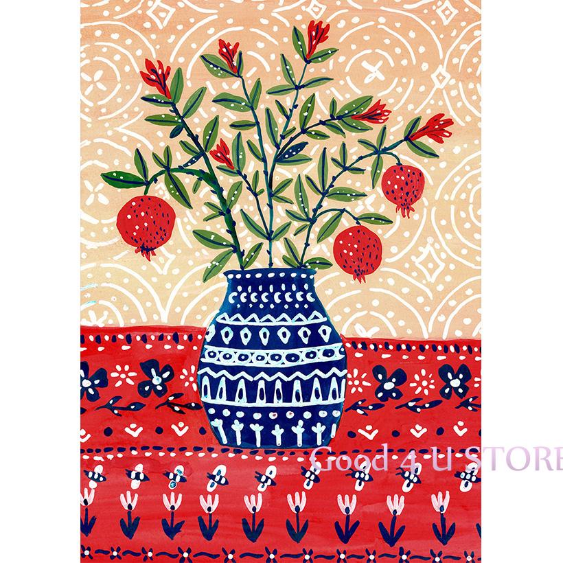

Greek Bouquet Plants Pomegranate Flower Dahila Vase Boho Botanical Poster Canvas Painting Wall Art Pictures Home Decor Gift 21cm×30cm NoFrame