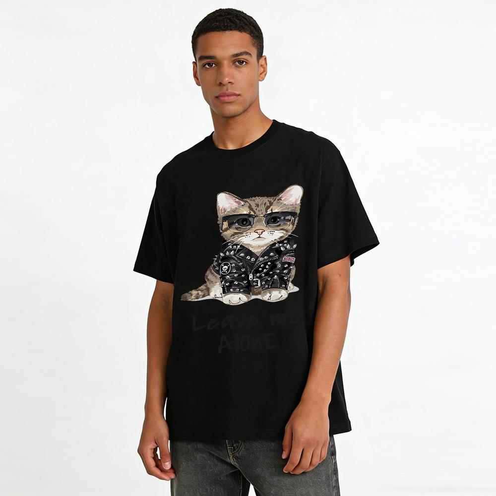 Cool Rivet Leather Jacket Cat Print Trendy Casual Top Pure cotton T-shirt