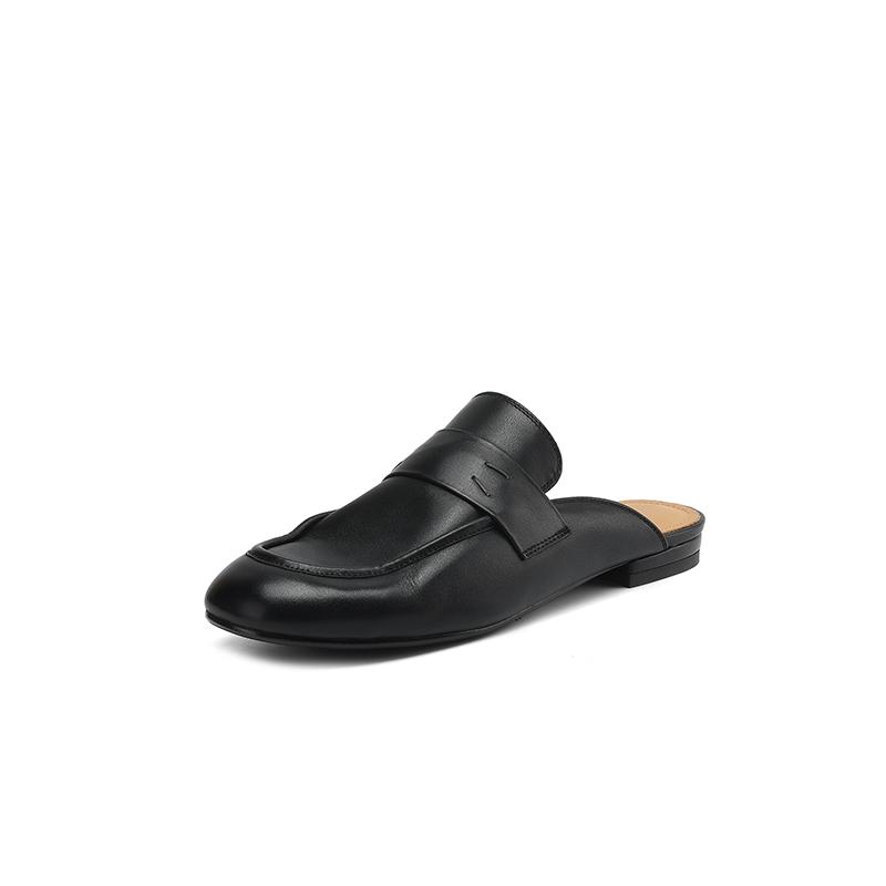 Fashion NEW Summer Women Mules Genuine Leather Shoes for Women Round Toe Low Heel Shoes Cover Toe Slip-on Women Sandals Retro Slippers