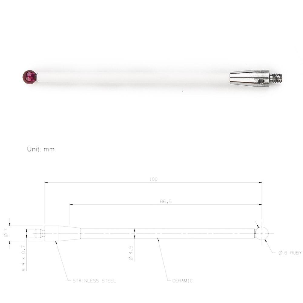 CMM Touch Probe Stylus 6mm Rubine Ball CNC Tip Ceramic Shaft  A-5000-3712