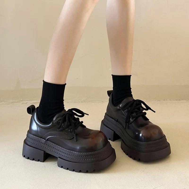 Women's Chunky Heel Single Shoes Female British Style Square Head Loafers Casual New Thick Heels Dress Lace-up Leather Pumps