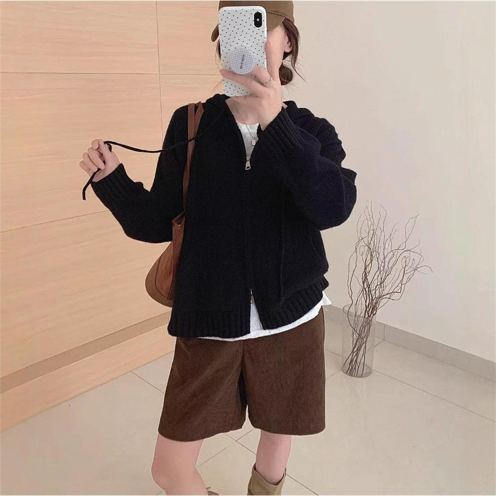 Solid-color Hooded Zipper Sweater Jacket, A New Laid-back Style Knitted Cardigan for Women In Autumn and Winter