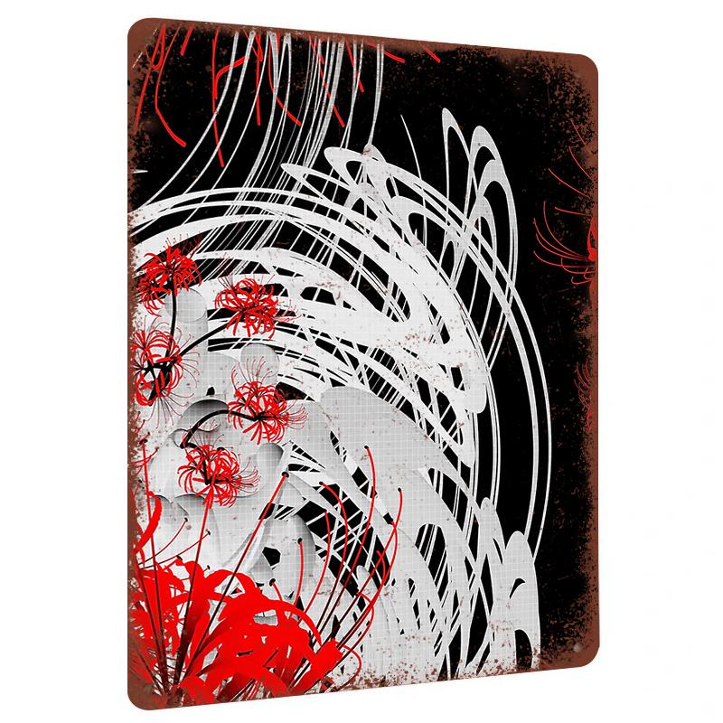 

Modern Art Metal Iron Painting Abstract Lines with Red Flowers Home Wall Decor Hanging 20x30cm（7.8x11.8inch）