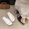 Summer vacation style straw woven thick bottom slope heel round head one and a half word drag versatile outside wearing open toe cool slippers women