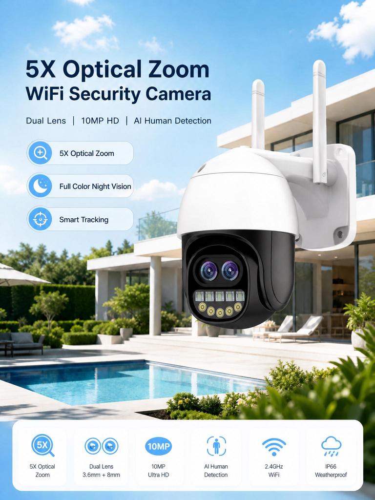 AIOOK Dual lens HD 10MP outdoor camera 5X ZOOM WIFI camera mobile tracking full-color night vision two-way intercom ICSEE APP