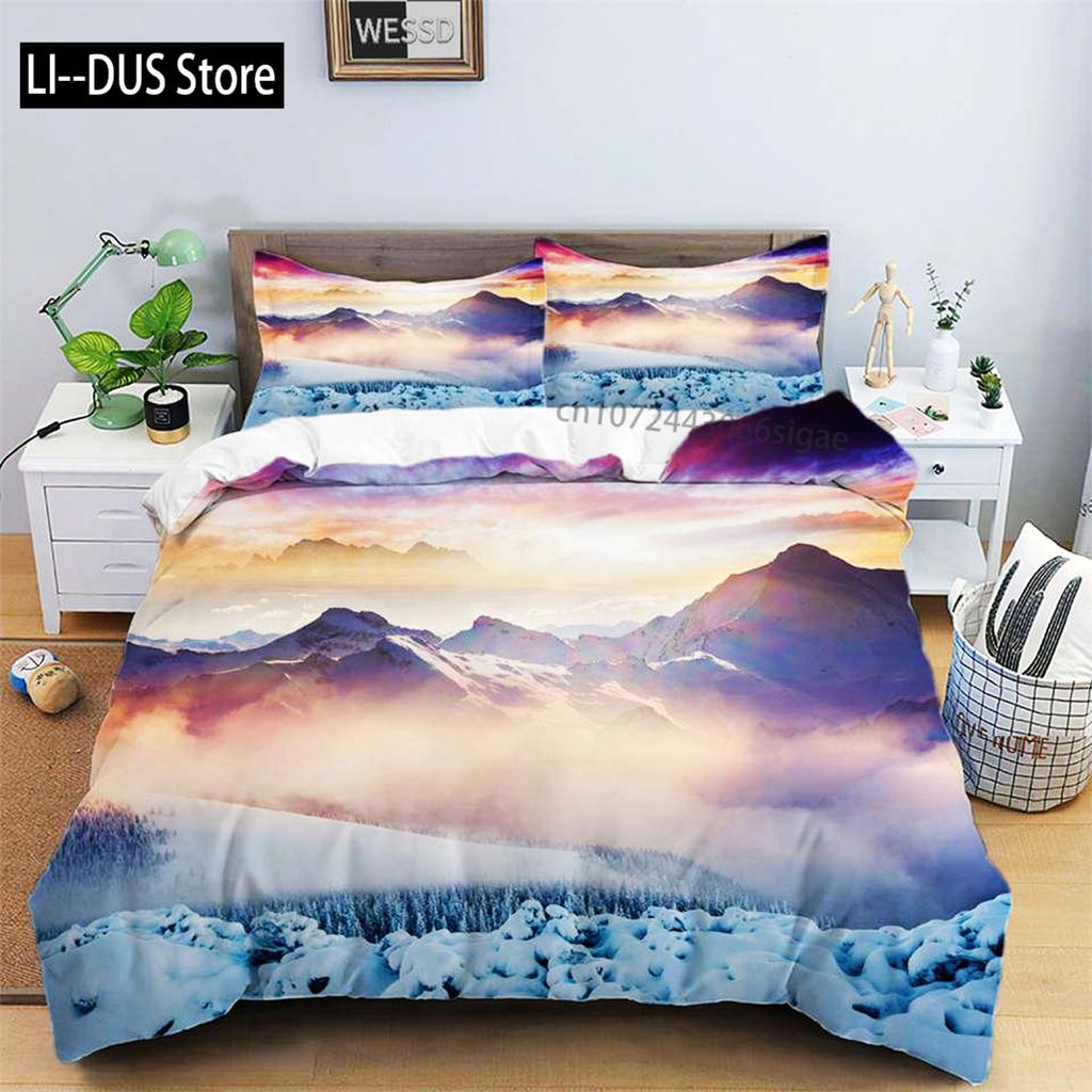 Snow Mountain Duvet Cover Set Polyester 3D Landscape Bedding Set For Teens Adults Ski Slope Winter Theme Queen Comforter Cover