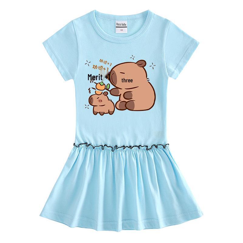 Summer Cartoon Raglan Color-Block Short Sleeve Pleated Dress for Girls