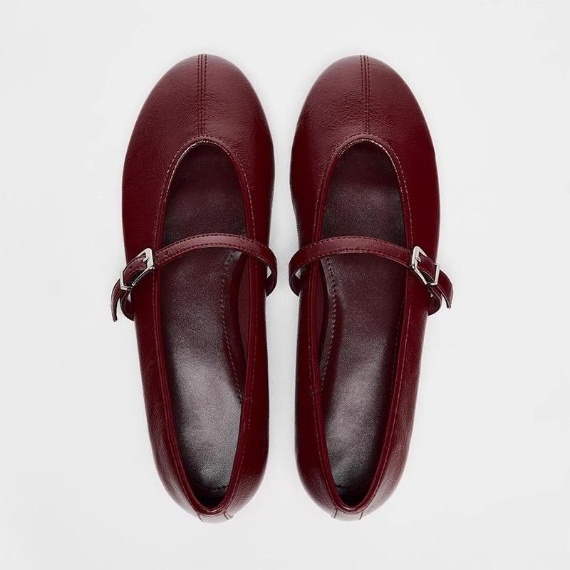 Pai Flat Ballet oes Women's Versatile Simple round Head Slip-On Mary Janes One-Strap Red Faionable Casual Low Heel Rubber
