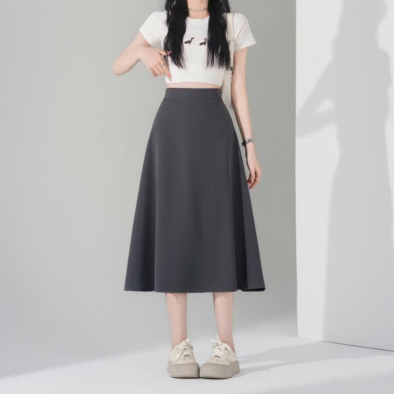 Plus Size Korean Style Slimming Black Skirt - Thin Material, Versatile, Solid Color, Spring/Summer