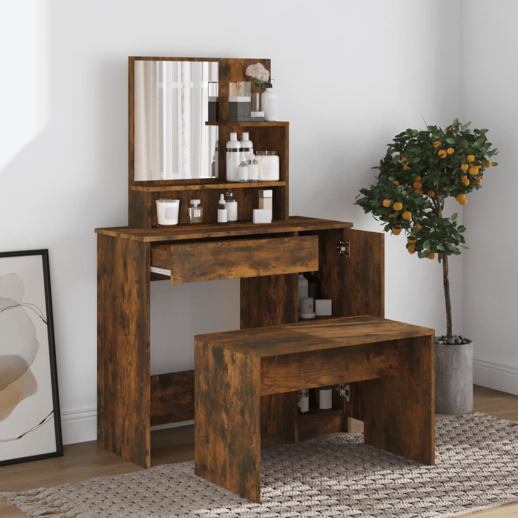 Schminktisch mit Spiegel im Schlafzimmer, Stauraum, Stauraum mit Tür, eine Schublade, zweistufiges Regal, 86,5x35x136 cm