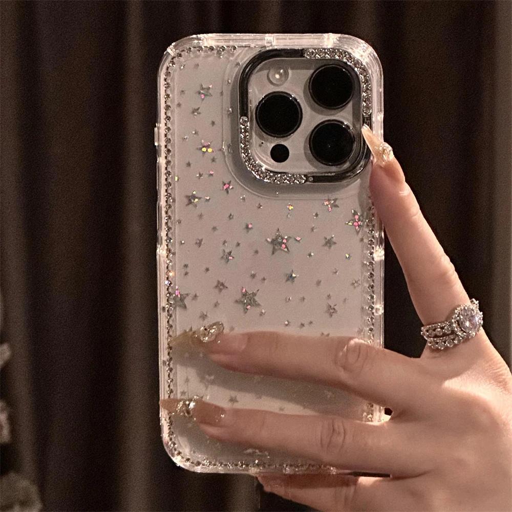 Shiny Glitter Star Rhinestone Shell Pattern Phone Case For iPhone 17 Air 16 15 14 13 12 11 Pro Max 14 Plus Soft Shockproof Cover
