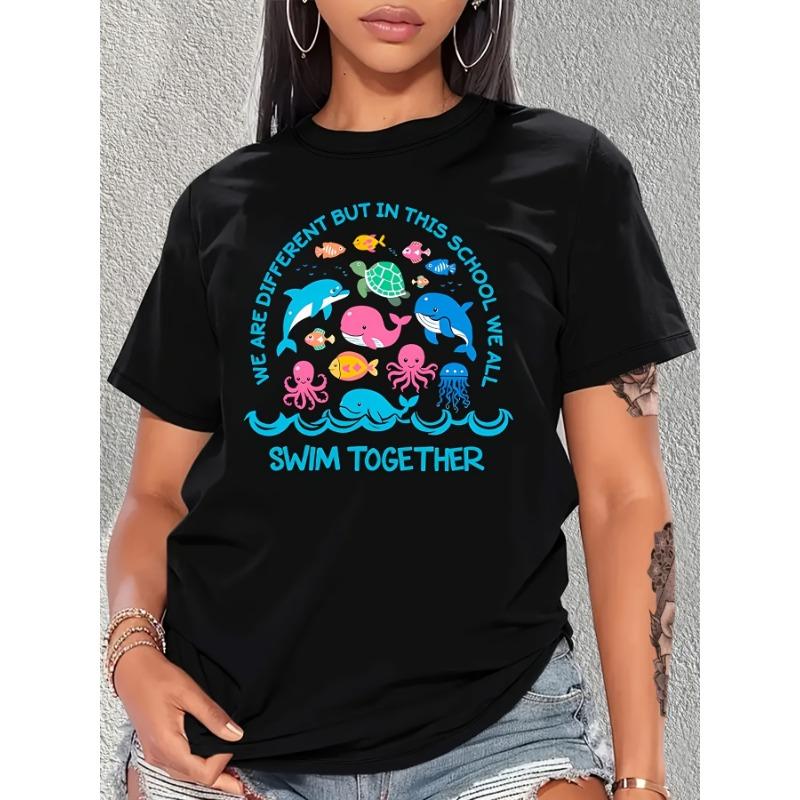

Women S Casual Crew Neck T-Shirt with Cartoon Sea Creatures S чёрный