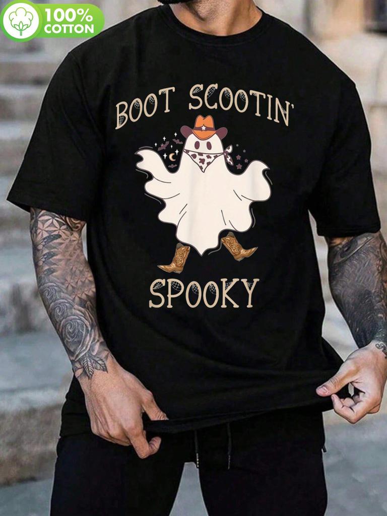 Black "Boot Scootin' Spooky" Cotton T-shirt - Casual Crew Neck with Ghost & Boots Design