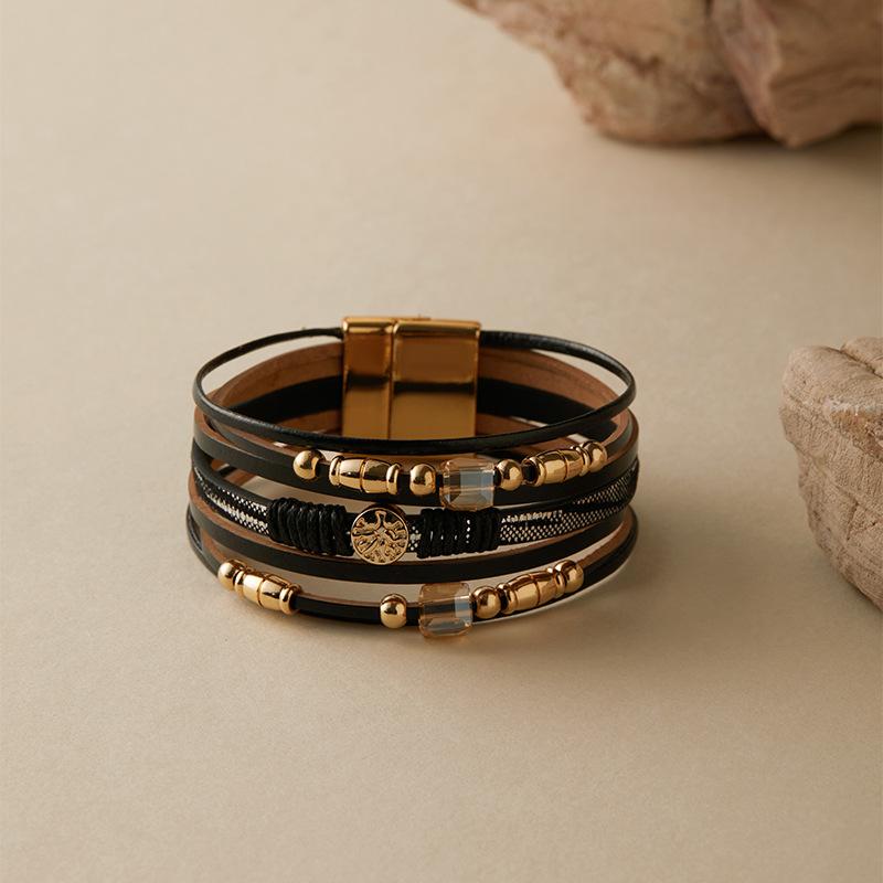 Brățară din piele cu mărgele pentru femei, lanț gros, multistrat, înfășurat, brățări late, accesorii de bijuterii pentru petrecere