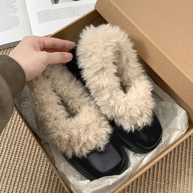 

Furry Lambwool Women Mary Jane Shoes Elegant Square Toe Slip On Footwear Autumn Keep Warm Ladies Thick Heel Shoes 40 чорний